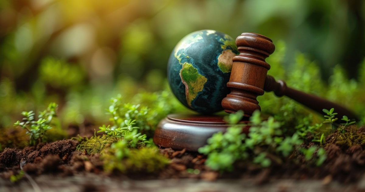 gavel and green eco earth globe, international law and green energy concept. generative ai